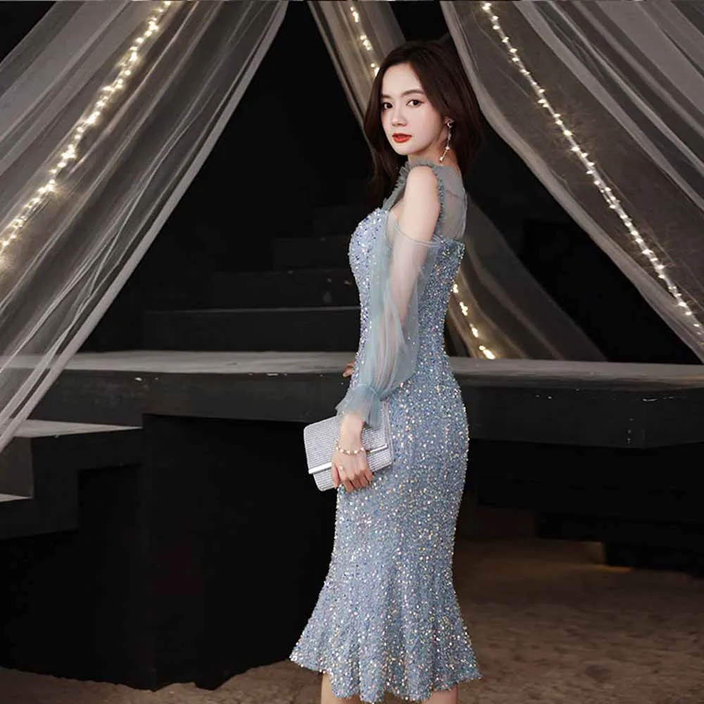 Elegant Light Blue Sequins Evening Dress Women's Summer