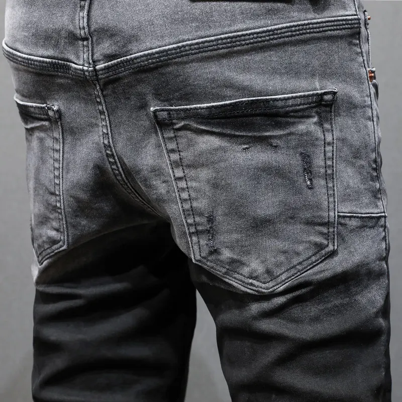 High Street Fashion Men Jeans Retro Black Gray Stretch Skinny Fit Ripped Jeans Men Color Gradation Designer Hip Hop Brand Pants