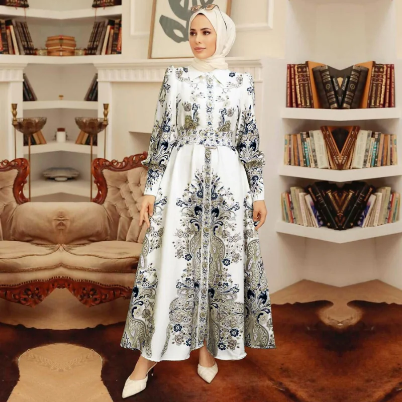 2023 Muslim Abayat Dress White Print Slim Big Skirt Robe Femme Musulman Stylish Elegant Ladies Dress