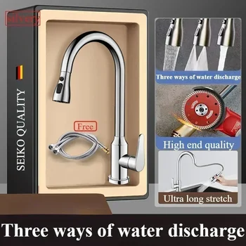 ก๊อกน้ําห้องครัว ปืนทองแดงละเอียด อ่างล้างจานสีเทา ก๊อกน้ําแบบดึงออก อ่างล้างจานในครัวเรือน อ่างล้างหน้า หมุนก๊อกน้ําร้อนและเย็น 1