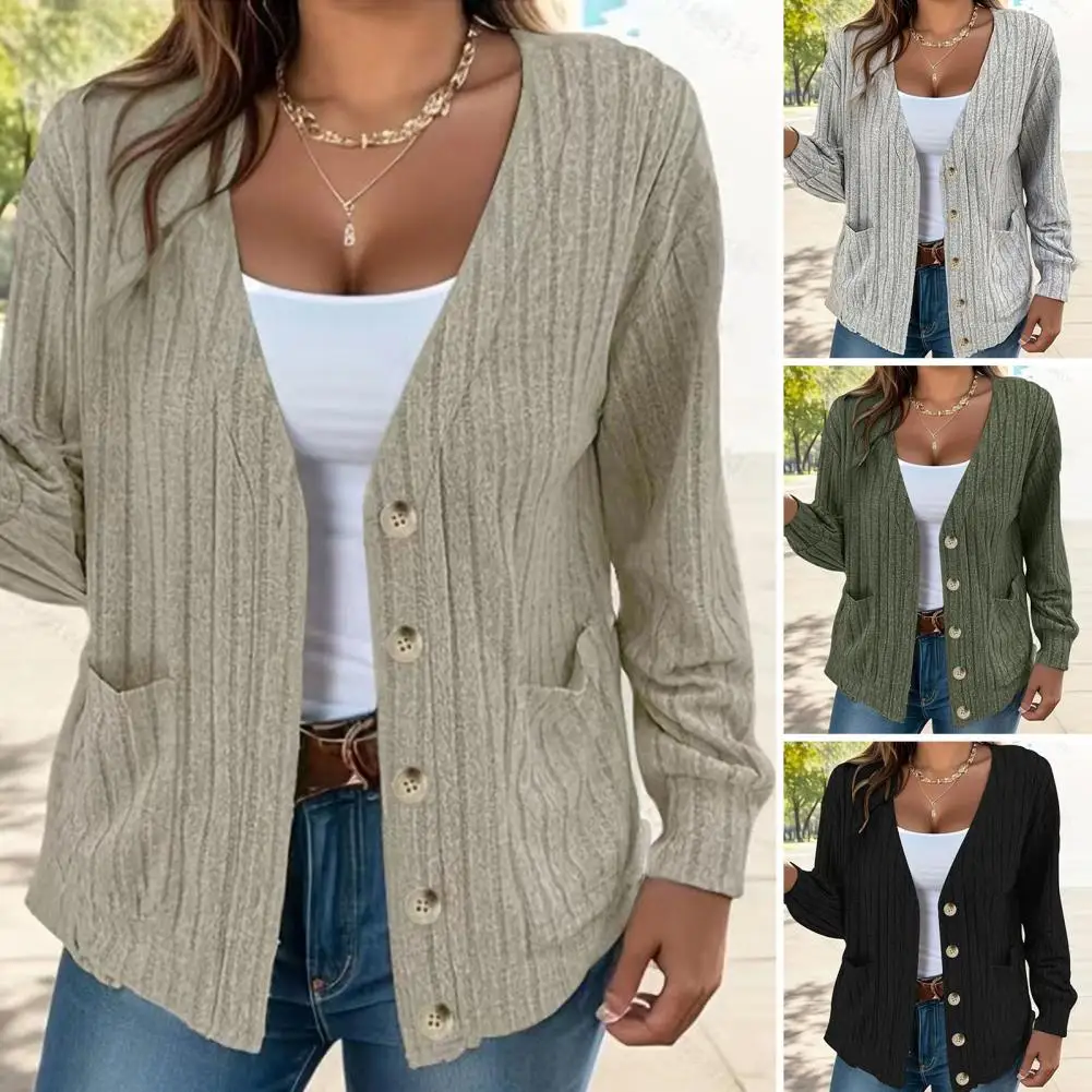 

Solid Color Women Cardigan Stylish Women's Knitted Cardigan Coat Soft V Neck Solid Color Long Sleeve Casual Loose Fit for Fall