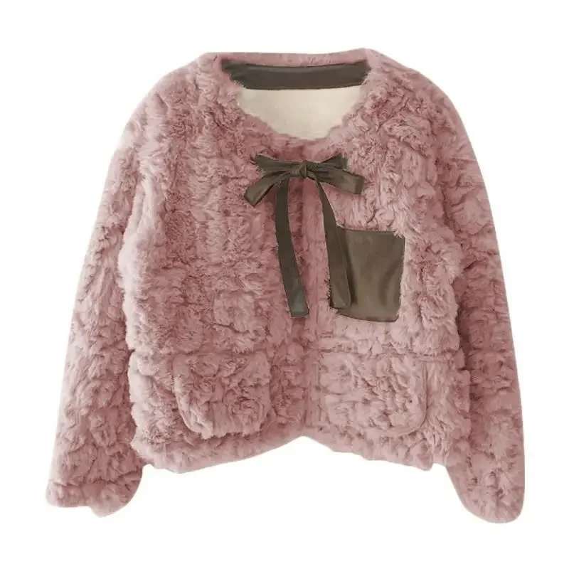 New Fashion Simple Versatile Warm Korean Version Fresh Bow Tie with Sweet and Cute Top Show High Plush Soft Cute Warm Short Coat