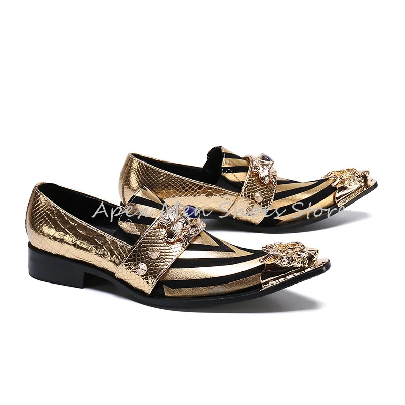 Men Wedding Shoes Gold Luxury Cowhide Summer Pointed Toe Striped Business Formal Derby Shoes Slip On Banquet
