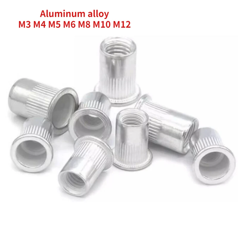 50/100pcs Aluminum Alloy Rivet Nut M3 M4 M5 M6 M8 M10 M12 Flat Head Aluminum Vertical Embossed Rivet Nut