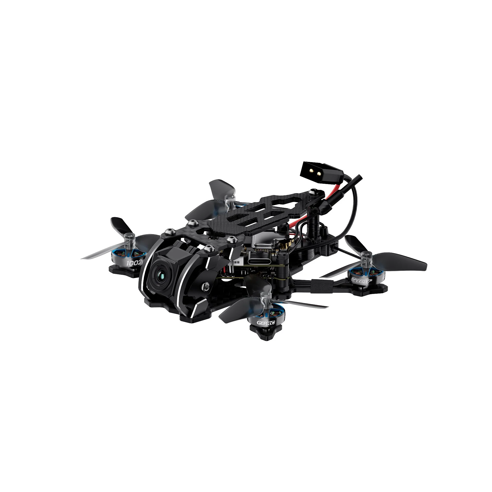 Détail du drone FPV Cube18 Tinywhoop Analogique 1S avec la batterie 1S connectée et les hélices en rotation.