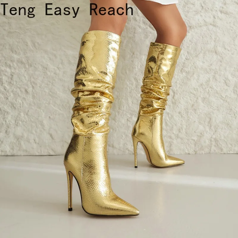 

Sexy Gold Pleated Women's Knee-high Boots Fall Fashion Women's Pointy Stiletto Boots Winter New Sizes 34-43