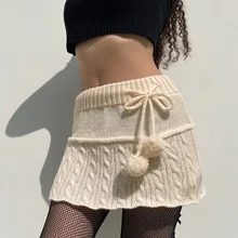 

2022 New Knitted Mini Skirts Lace Up Fur Cute Sweet Pencil Skirts Twist Skinny Low Waisted Short Women Skirts Autumn Chic
