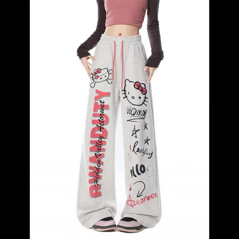 

Sanrio Cartoon Anime Trouser Hello Cute Kitty Printed Straight Leg Jean Wide Leg Kawaii Drawstring Pant Loose Girls Toys