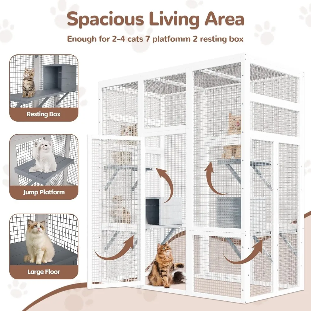 Outdoor Cat House, Large Cat House for Mulitiple Cats Walk, Outdoor House Weatherproof with 7 Platforms and 2 Resting Boxes