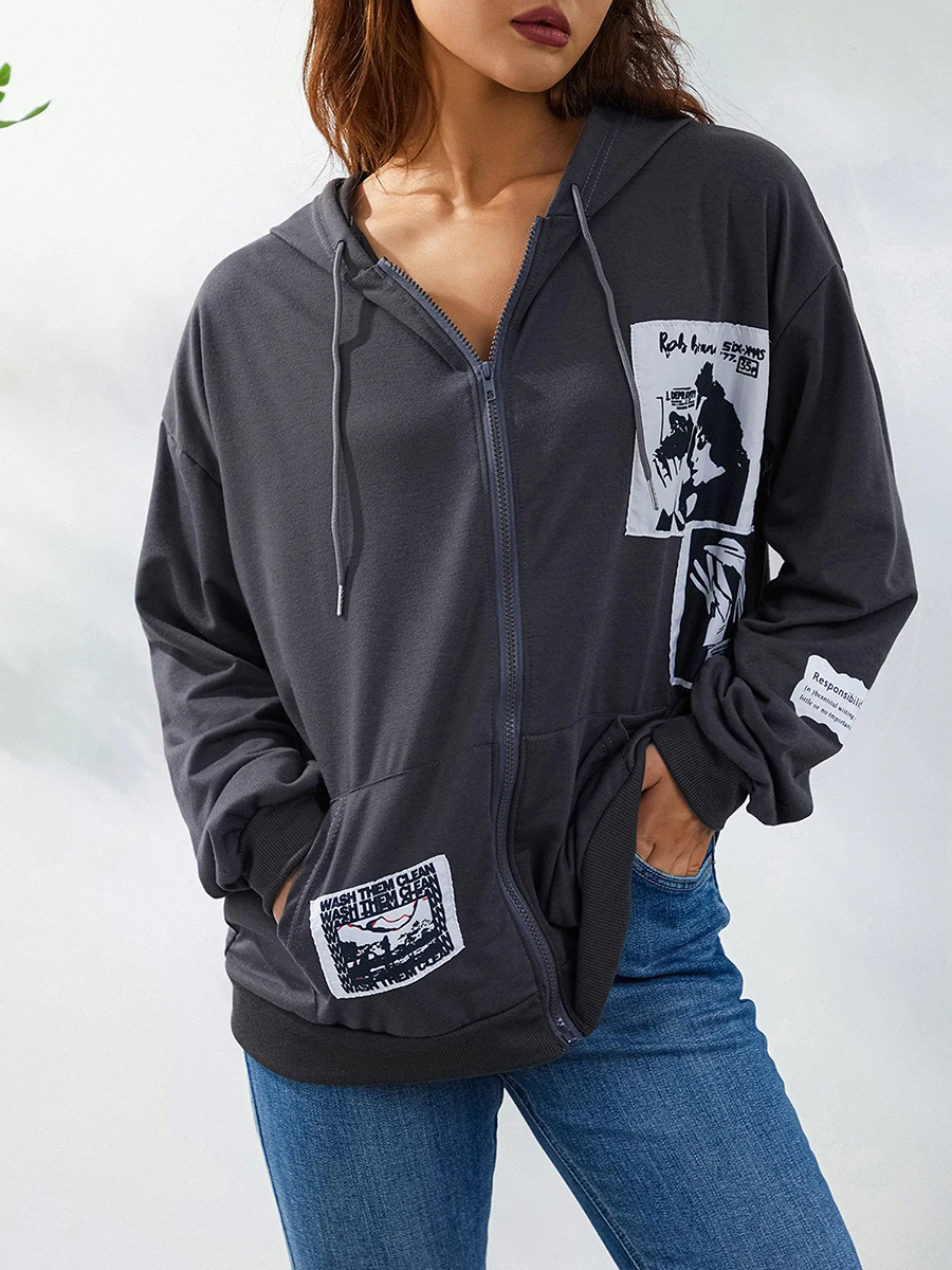 Stylish Women s Hooded Sweatshirt Featuring a Sleek Zipper Closure Trendy Letter Print Design and Relaxed Fit for Spring