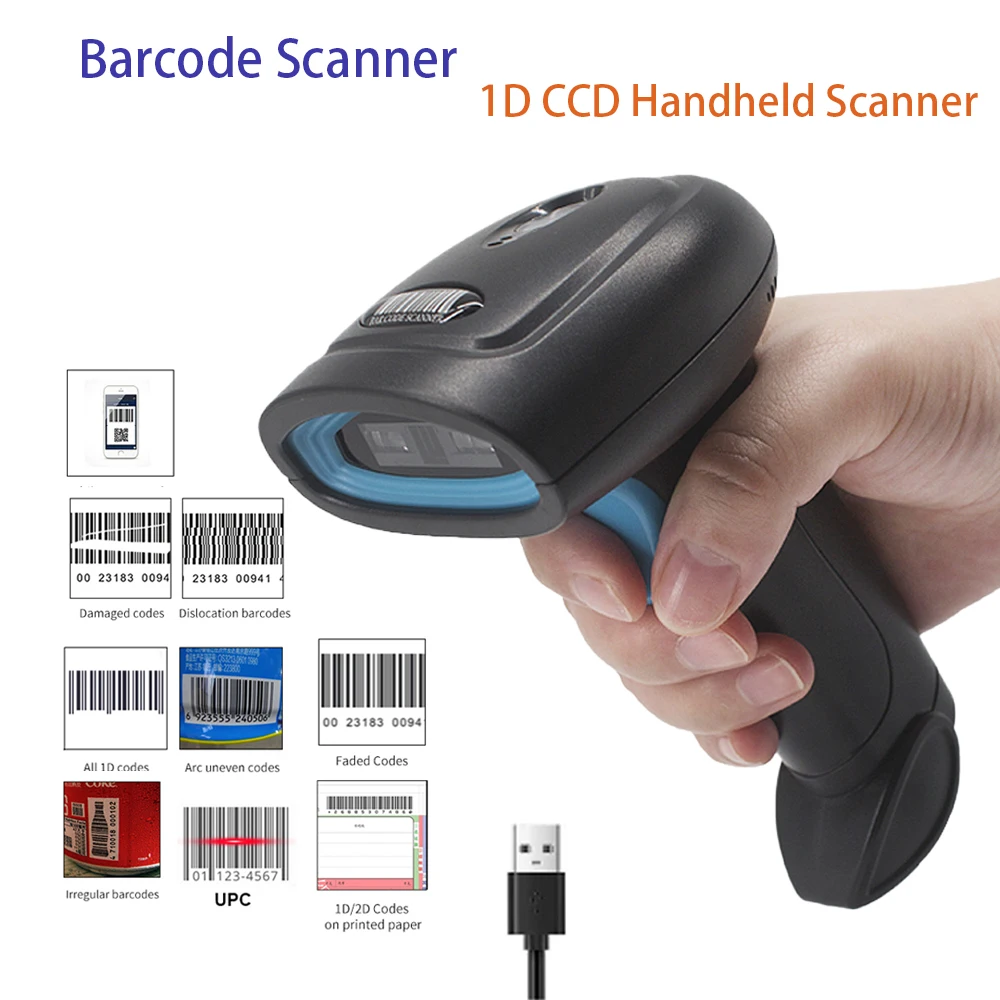 

1D Wired Barcode Scanner Red Light Handheld CCD USB Code Reader Portable 300 times per second High-Speed for 1D Bar Code Reader