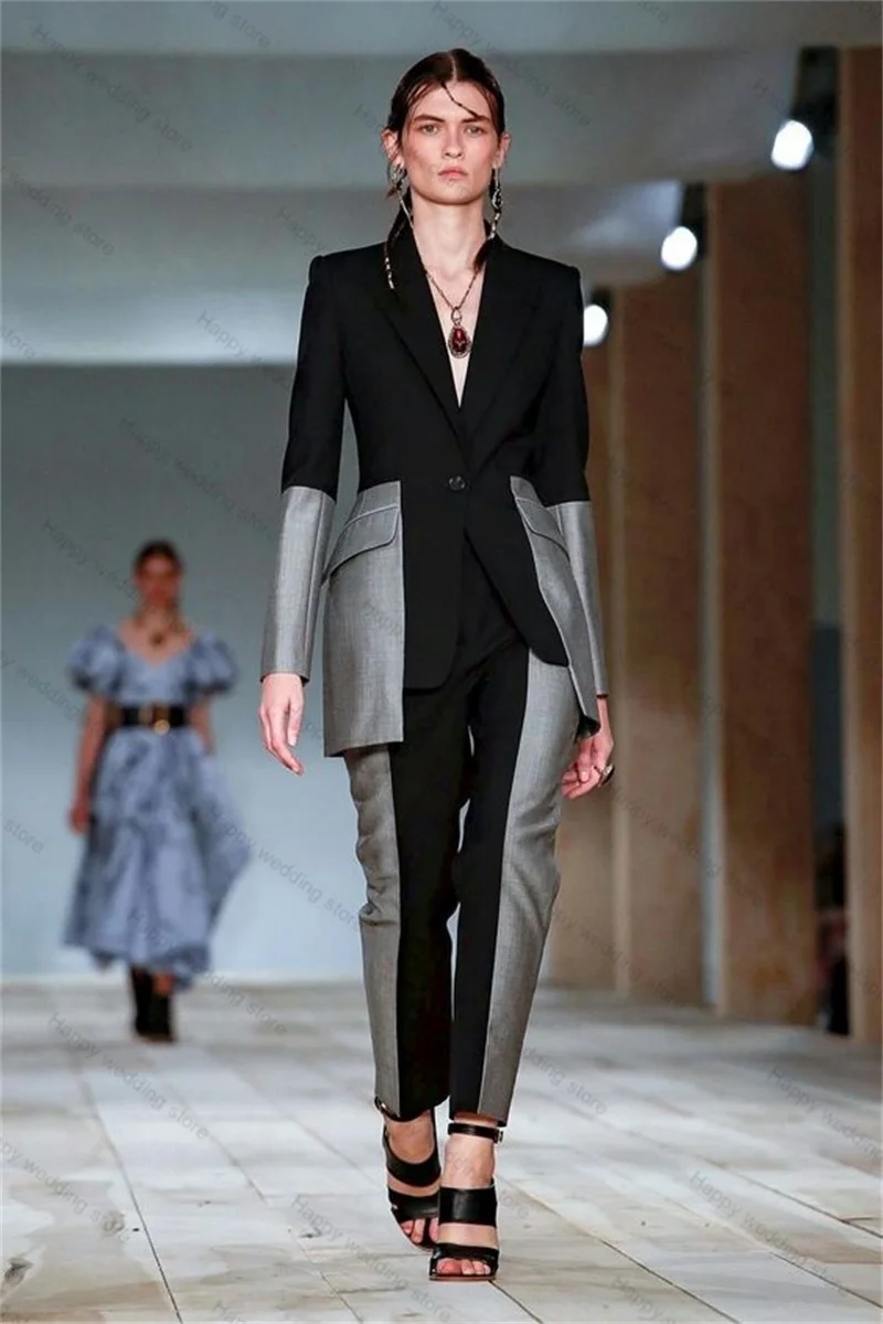 

Grey Black Women Suit Blazer+Pants 2 Pieces Formal Splicing Colors Custom Made Office Lady Jacket Red Carpet Outfit Party Gown