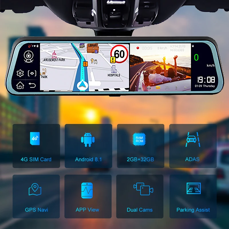 Car Dash Cam 10 Inch 4G Android 8.1 Video Recorder GPS Navigation ADAS Rear View Camera AHD 1080P Dual Lens DVRs