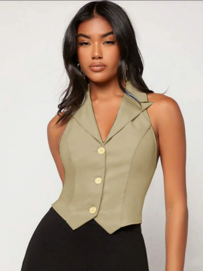 Women's Vest Halter Neck Backless Slim Cropped Top Fashion Casual Lapel Coat New Arrival Waistcoat Women