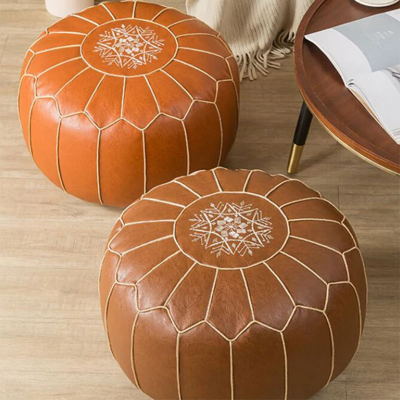 

Moroccan PU Leather Pouf Embroider Craft Hassock Ottoman Footstool Cover Round Artificial Leather Pouffe Cushion Unstuffed