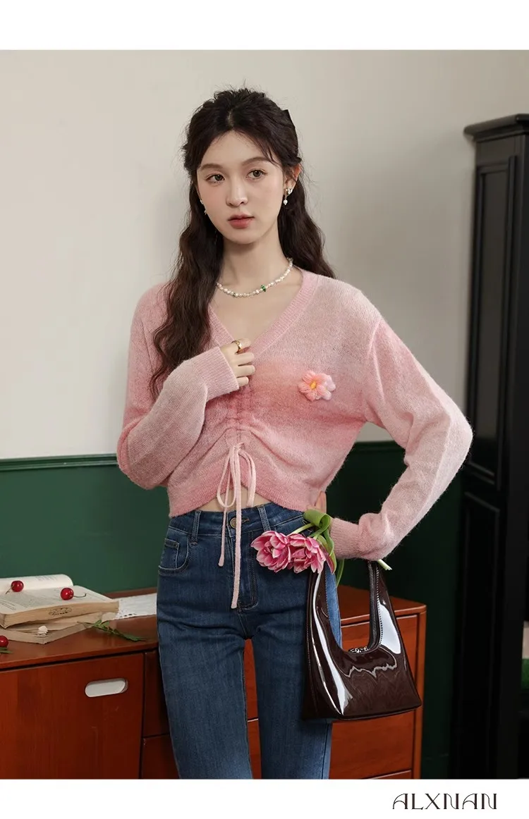 

Temperament Chic Knitwear Drawstring Design Women Pink Short Top Slim Hot Sweet Korean Fashion Sweater