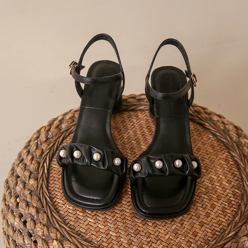 5cm Women Sandals Summer Square Toe Thick Med Heel Buckle Strap Ladies Pumps Fairy Fashion Gentle Leisure Solid Females Shoes
