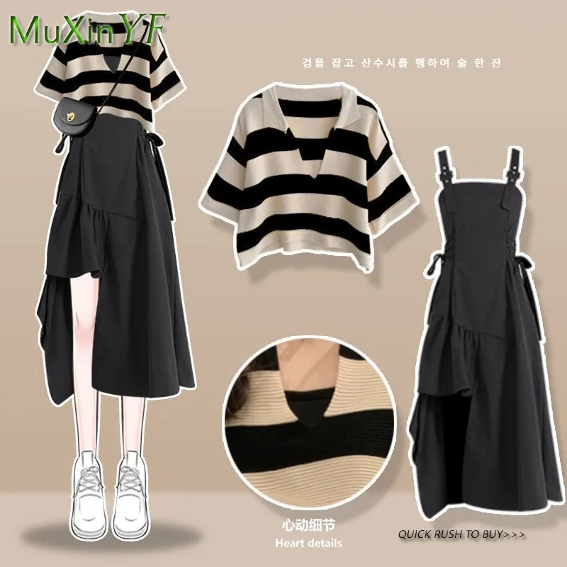 2023 summer new retro knitted short sleeve top sling skirt two piece women s chic blouse dress matching set korean elegant suit 2023 Summer New Retro Knitted Short Sleeve Top Sling Skirt Two Piece Women's Chic Blouse Dress Matching Set Korean Elegant Suit