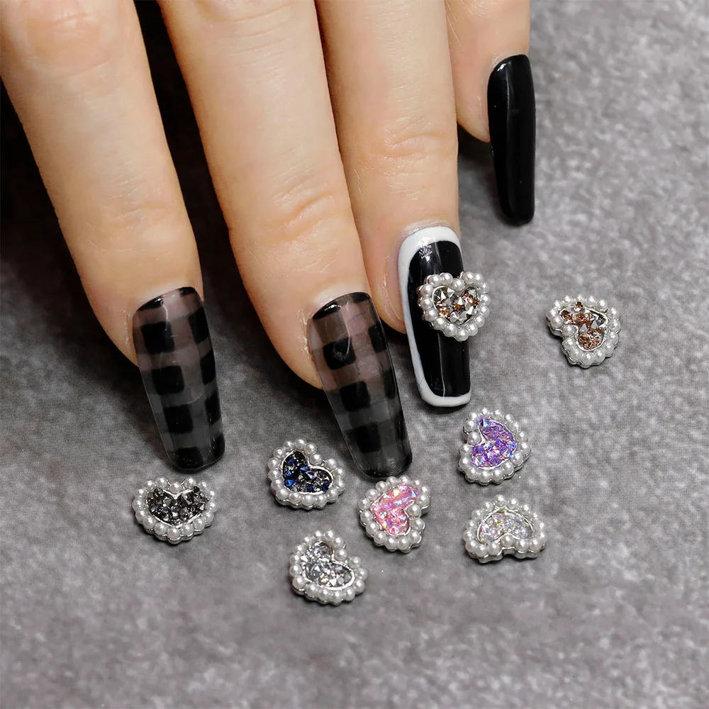 

5Pcs/Lot New Pearl Love Nail Accessories Super Flash Full Diamond Love Alloy 3D Versatile Nail Diamond Accessories