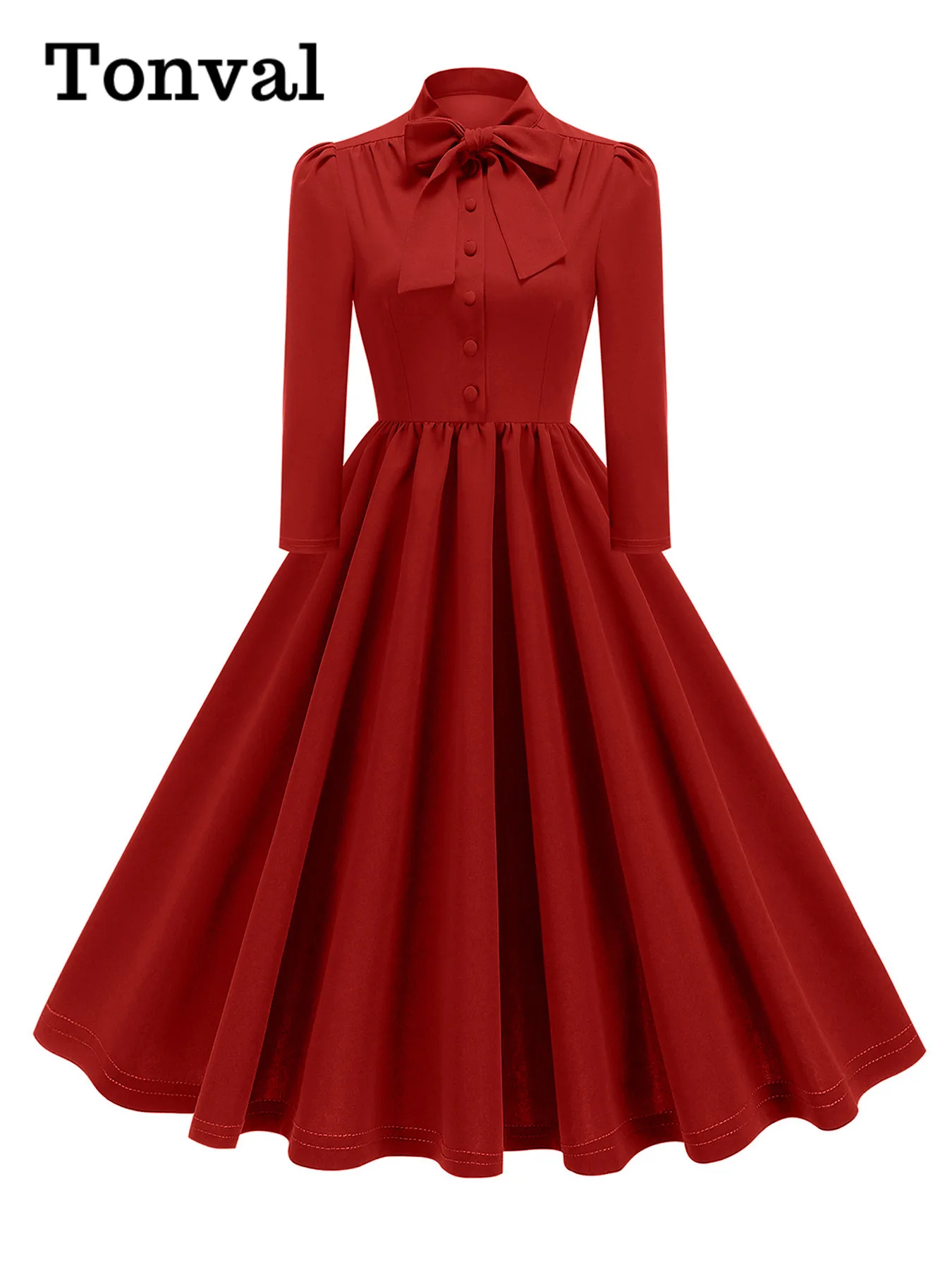 Tonval Bow Neck Buttons Front Elegant Pleated Women Dress 3/4 Length Sleeve  Autumn Clothes Vintage Swing Dresses - AliExpress 200000345
