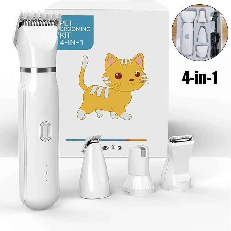 4-in-1 Dog & Cat Shaver, Low Noise Cordless Trimmer with 4 Blades, Rechargeable Pet Grooming Kit
