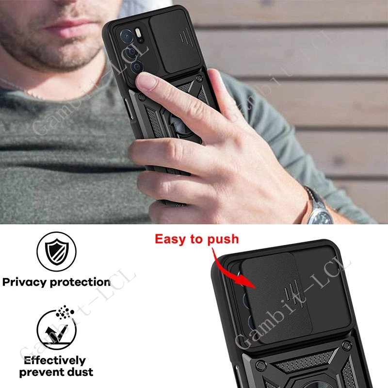 Anti-Falling Ring Armor Case with Magnetic Holder Stand and Sliding Camera Lens Cover