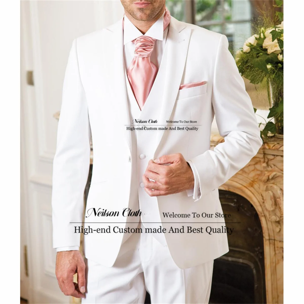 

Модные белые мужские костюмы с заостренным лацканом на одной пуговице, свадебные смокинги для жениха, комплекты из 3 предметов, мужской тонкий костюм