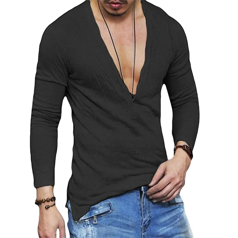 

Men's Pullover Breathable Multi-Training Tee Tee Long Sleeves Deep V Neck Button Closure Solid Color Fall Tops Casual Streetwear