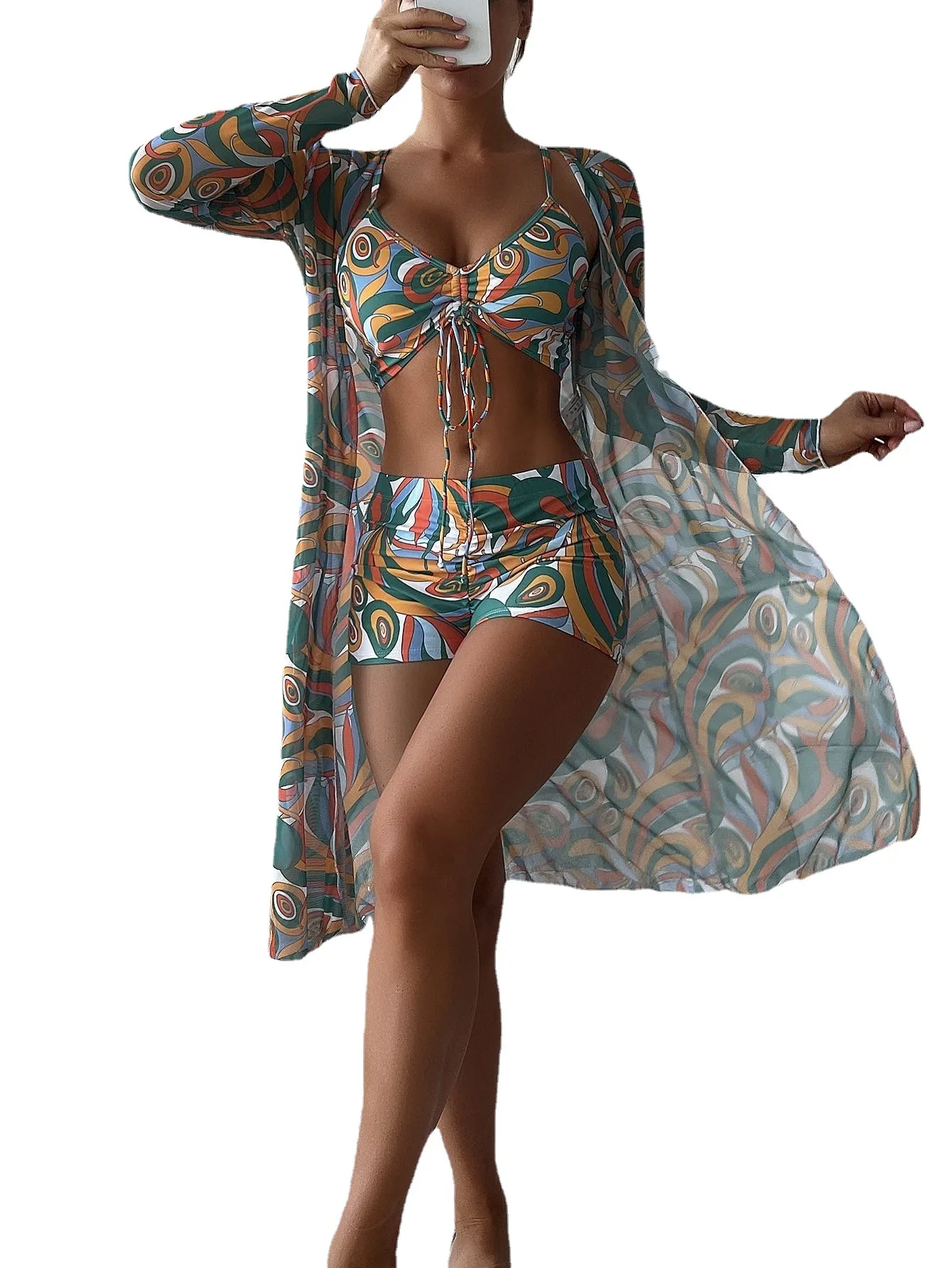 Swimwear Long Sleeve Printed Three Piece Set High Waist Bikini  Women Swimsuit Beach Style Bikini Sexy Bathing Suit Women
