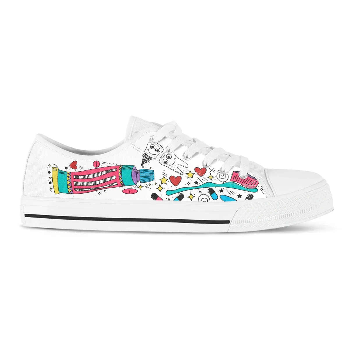 Cartoon Teeth Women Canvas Shoes White Rubber Sneakers Comfortable Breathable Flats Casual Footwear