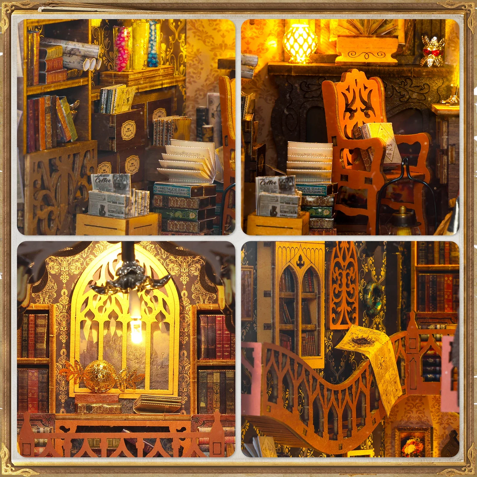 DIY Book Nook Kit 3D Wooden Puzzle Bookshelf Insert with Light DIY Miniature House Model Bookend Building Kits Home Decoration