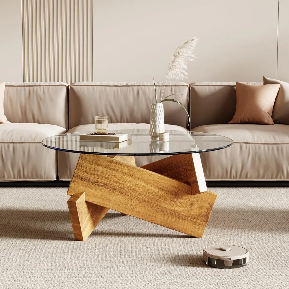 Modern Round Coffee Table with Tempered Glass Top, 30.7" x 30.7" x 16.1", Natural Wood for Living Room