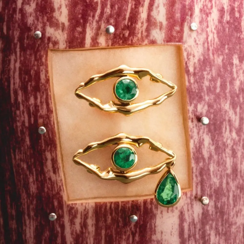 Trendy Emerald Devil's Eye Necklace Elegant Geometry Water Droplet Gold Necklace Entangle Fashion Opening Finger Ring Jewelry