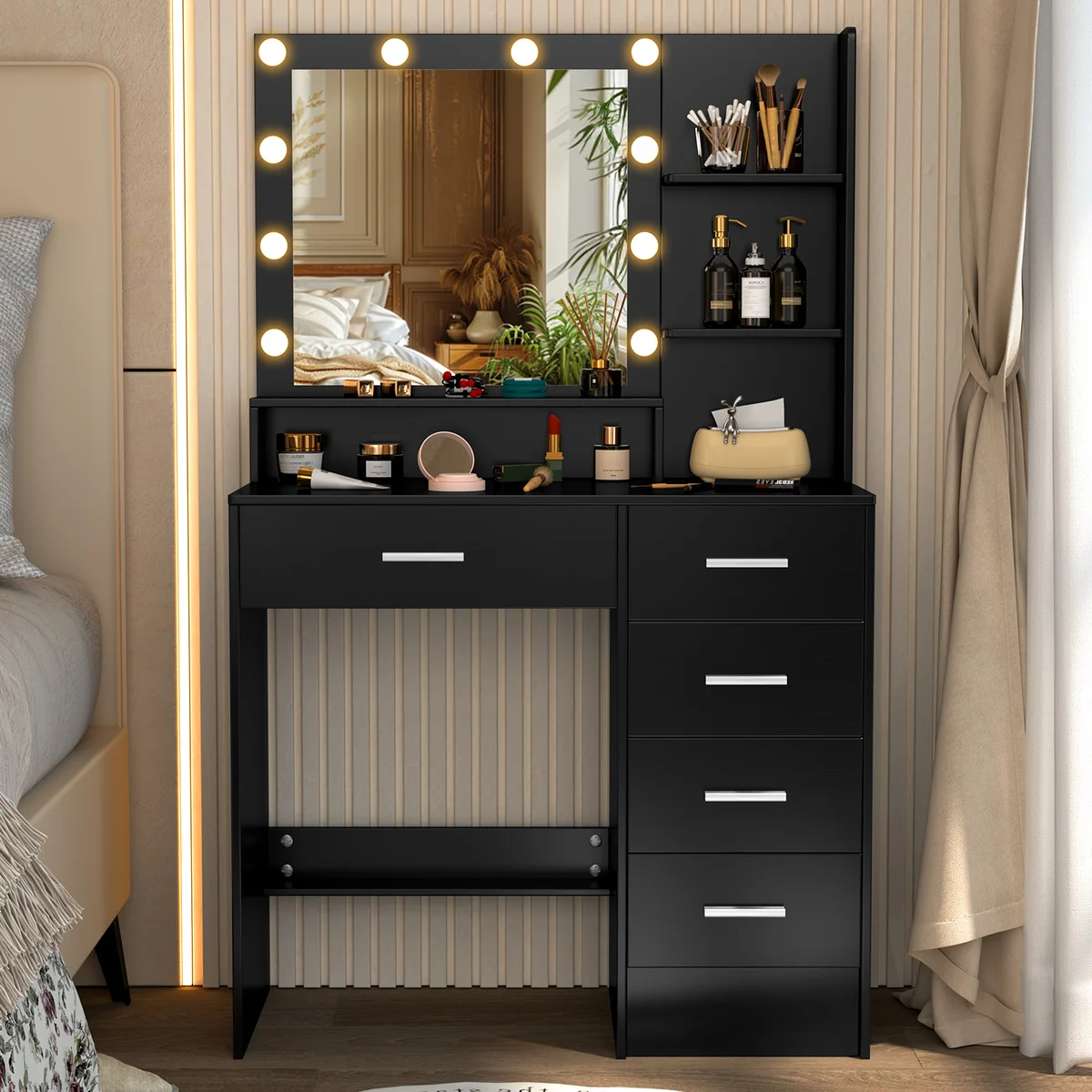 Black Dressing Table with 5 Drawers and Lighted Mirror Makeup Vanity Desk — view 2