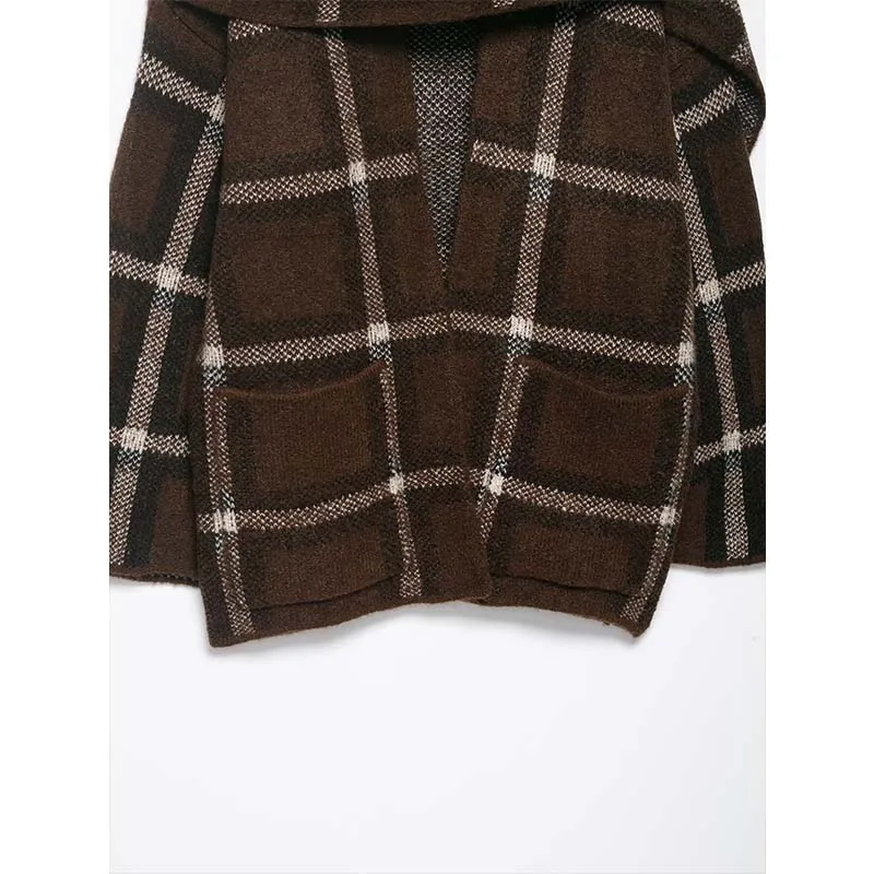 2025 New Women Fashion Plaid Knitted Cardigans Long Sleeve Scarf Collar Sweater Cardigan Autumn Winter New Style Knitwear Coat