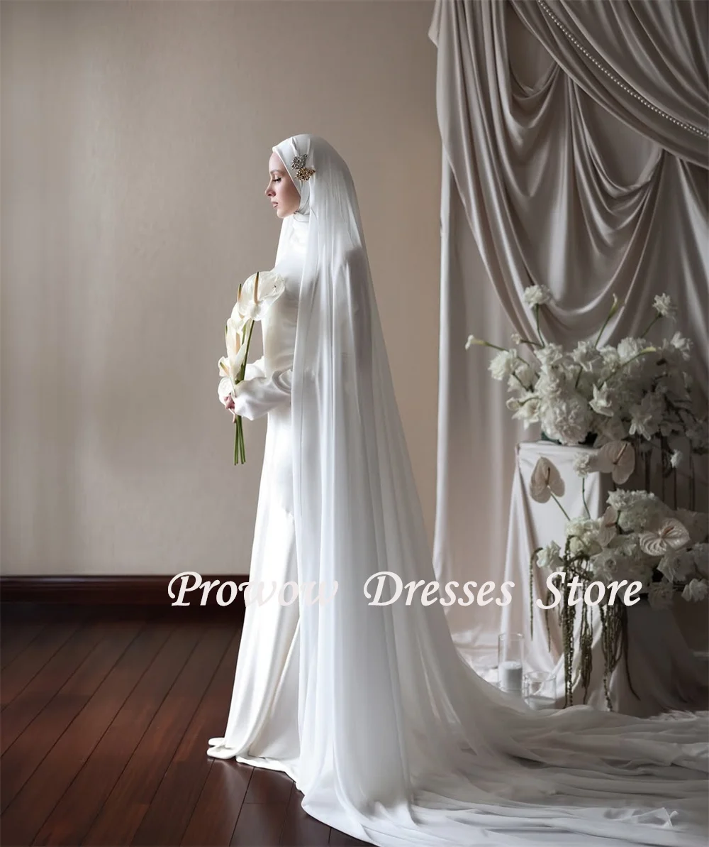 Prowow Modest Muslim Wedding Dresses Full Sleeves Floor Length A LIne Bridal Gowns Pleats Zip Back 2025 Arabic Women Customized 3