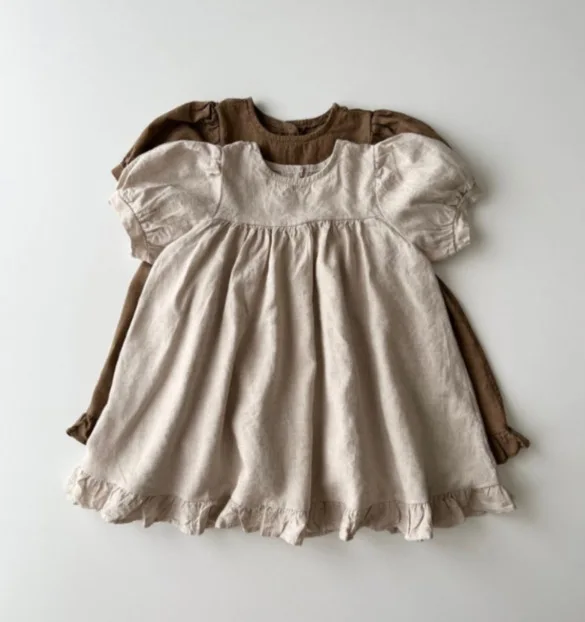 

2023 Summer New Girls' Cotton Puff Sleeve Casual Dress A- line Skirt