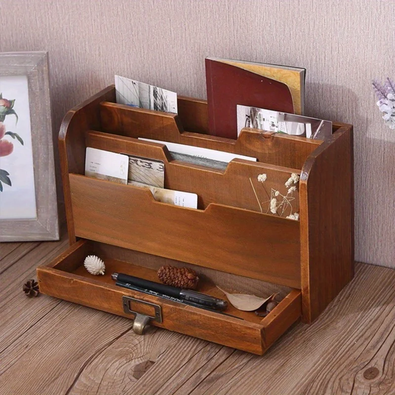 1pc Vintage Wooden Desktop Drawer Storage Box for Groceries Office Supplies File Sorting Box Storage Wooden Box