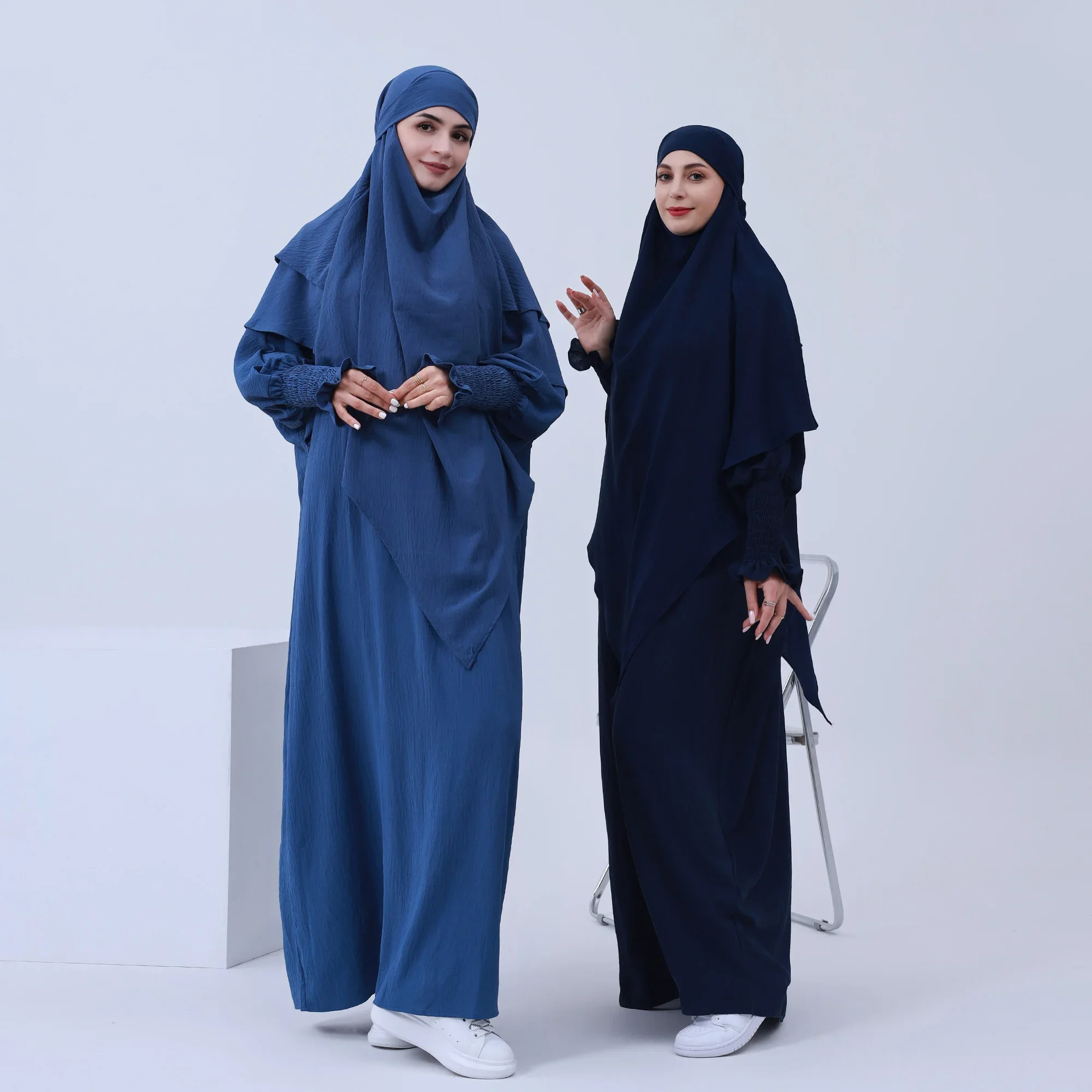 2 Piece Abaya Khimar Set Dubai Islam Prayer Clothes Women Zipper Front Dress + 2 Layer Hijab Scarf Muslim Jilbab Outfits Ramadan