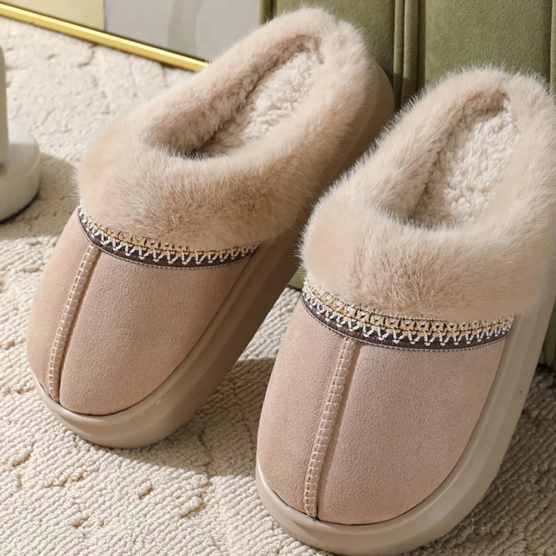 Vintage Thick Bottom Fluffy Slippers Women Winter Outdoor Thicken Plush Cotton Shoes Woman Comfort Non Slip Home Slippers Mujer