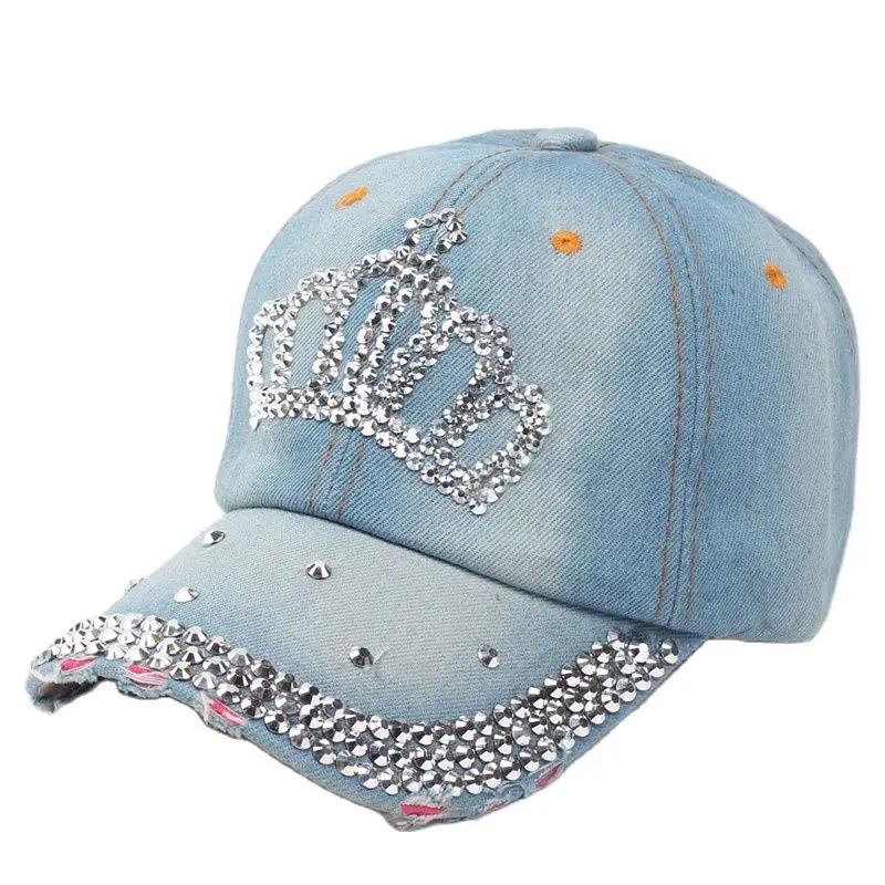 Women Bling Tiara Distressed Denim Baseball Cap Rhinestones Embellished Washed Retro Style Adjustable Hat 2
