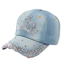 Women Bling Tiara Distressed Denim Baseball Cap Rhinestones Embellished Washed Retro Style Adjustable Hat 2