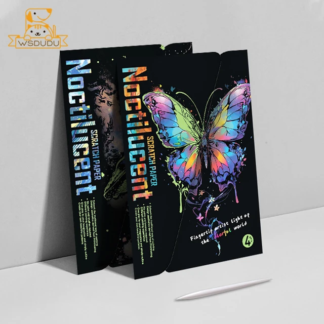 Glow in Dark Scratch Art Kit 4 Sheets A4 Paper Whale Butterfly Animal DIY Craft with Stylus Magic Painting Toy Kids Adults Gift 4