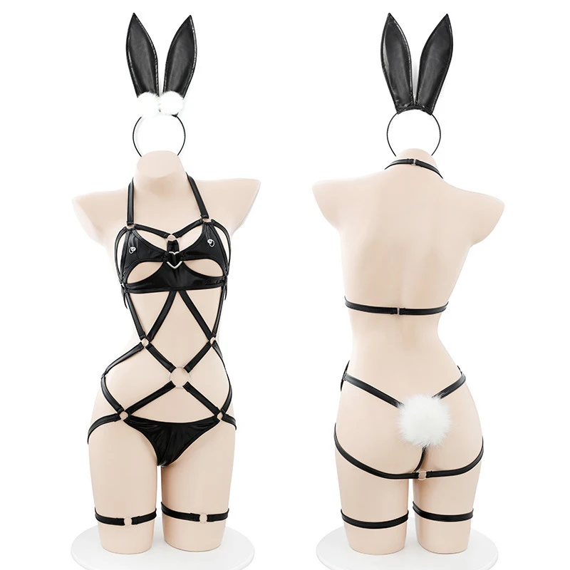 Bunny Cosplay PU Leather Bondage Hollow Out Full Body Cage Sexy Lingerie Women Temptation Uniform Naughty Erotic Bodysuit