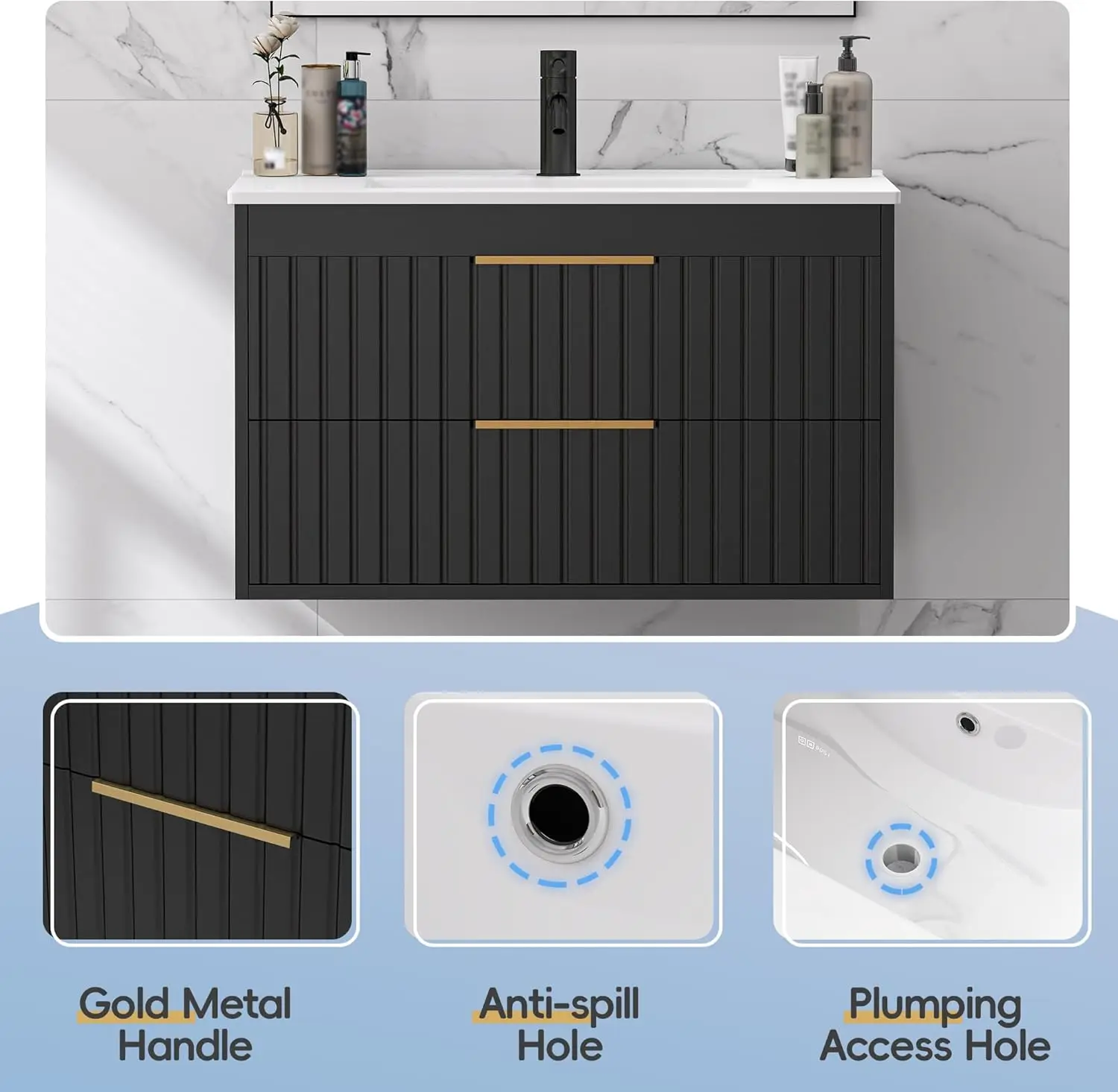 30" Bathroom Vanity Cabinet with Sink Combo, Wall Mounted Floating Bathroom Vanity w/ 2 Big Drawer and Gold Metal Handles, Black 5