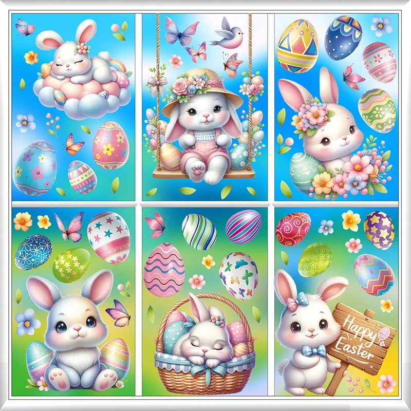 6Pcs Easter Window Stickers Double Sided Printed PVC Electrostatic Home Decor Glass Decals Reusble Easter Party Decorations