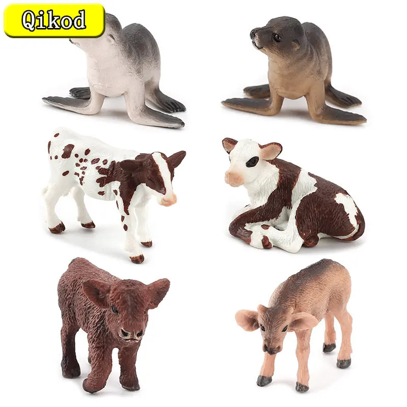 Simulato Farm Scene Highland Milk Cow Buffalo Sea Lion Solid Cub Animal Model Ornament Collection Giocattolo Educativo Per Regalo Per Bambini