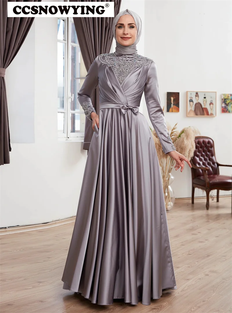 

Long Sleeve Muslim Evening Dresses Arabic Dubai Satin Appliaues High Neck Hijab Islamic Prom Formal Party Gown Robe De Soiree