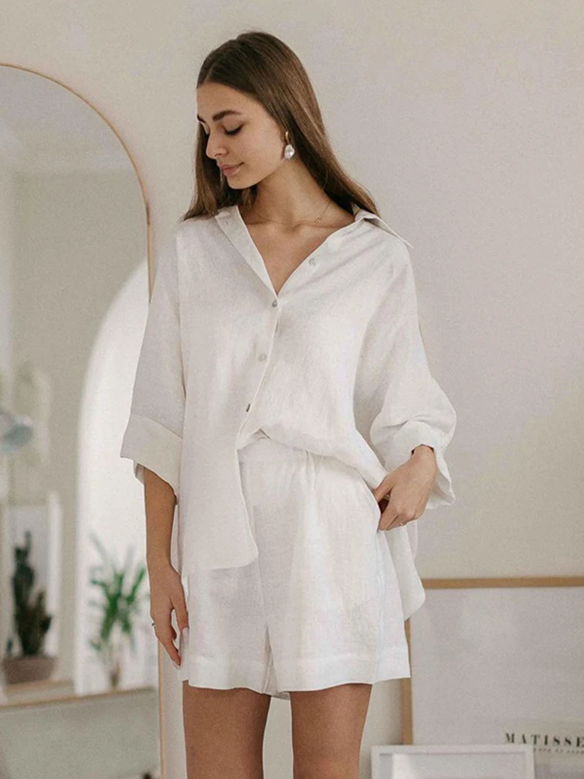 Marthaqiqi Cotton Women Pajama 2 Piece Suit Turn-Down Collar Sleepwear Long Sleeve Nightgowns Shorts Casual Home Clothes Ladies