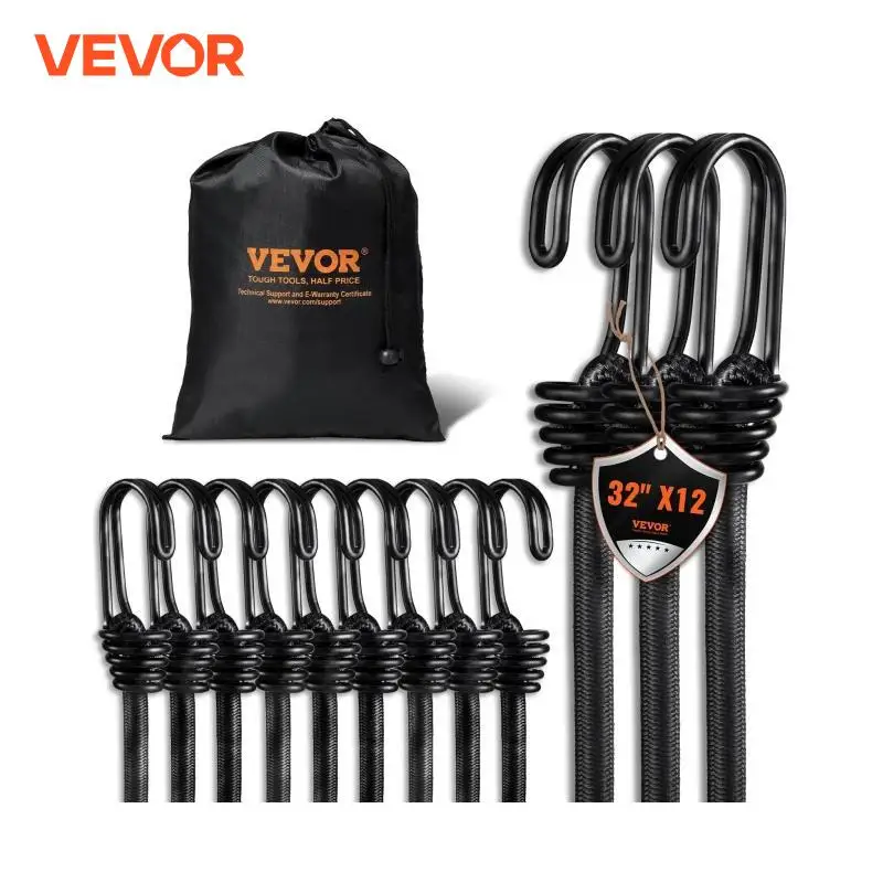 VEVOR 12pcs Elastic Bungee Shock Cord Strap Stretch with A3 Steel Hooks Car Luggage Tent Kayak Boat Canoe Bikes Rope Tie